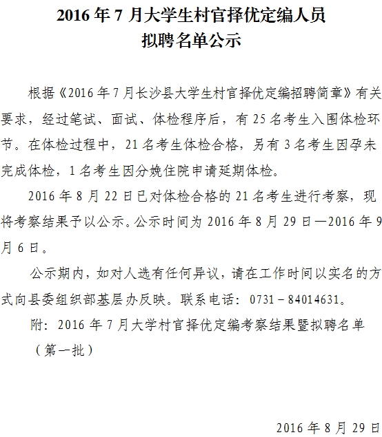 2016年7月长沙县大学生村官择优定编人员拟聘名单公示